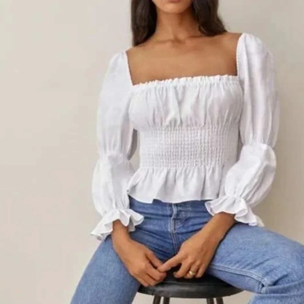 Reformation Oak Grove Linen Smocked Top Women Small White Peasant Puff Sleeve